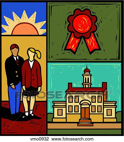 Montage of a sun, a prize ribbon, two students in uniform and a school building View Large Illustration Drawing - Montage of a sun, a prize ribbon, two students in uniform and a school building. Fotosearch
