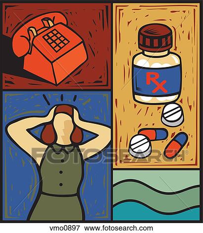 Stock Illustration - Montage of a telephone, a bottle of prescription medication, pills, and a woman holding her head. Fotosearch