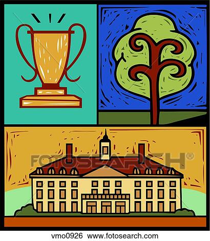 Montage of a tree, a trophy and a university building View Large Illustration Stock Illustration - Montage of a tree, a trophy and a university building. Fotosearch
