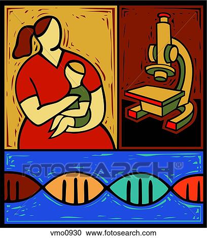 Montage of a woman holding a small child, a microscope and a double helix View Large Illustration Clipart - Montage of a woman holding a small child, a microscope and a double helix. Fotosearch