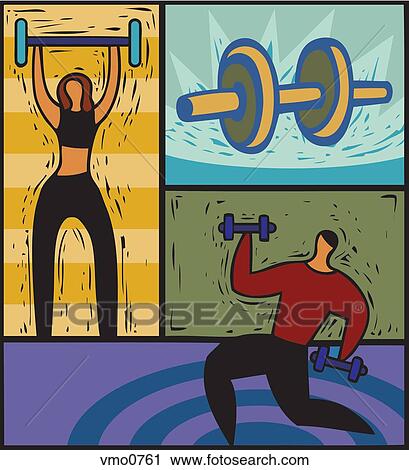 Clip Art - Montage of a woman lifting a barbell over her head, a man lifting weights, and a dumbbell. Fotosearch