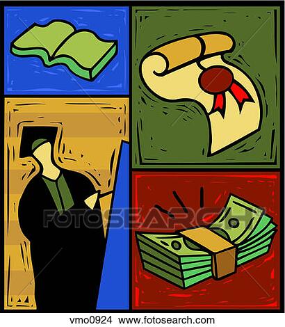 Montage of an open book, a diploma, a stack of money and a person in graduation cap and gown View Large Illustration Stock Illustration - Montage of an open book, a diploma, a stack of money and a person in graduation cap and gown. Fotosearch