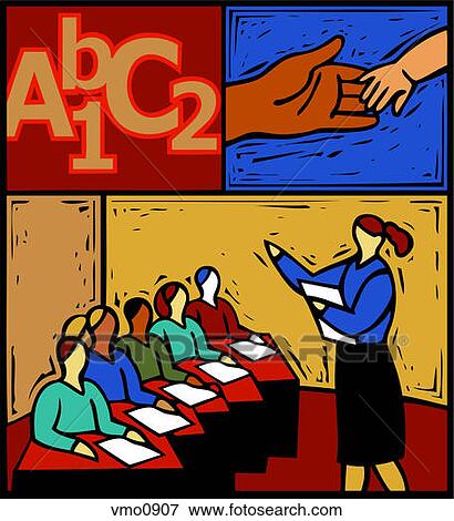Stock Illustration - Montage of letters and numbers, an adult hand holding a babys hand, and a teacher with her students in a classroom. Fotosearch