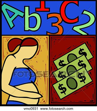 Montage of letters and numbers, money, and a pregnant woman View Large Illustration Clip Art - Montage of letters and numbers, money, and a pregnant woman. Fotosearch