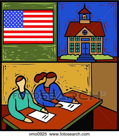 Montage of the US Flag, a school and students writing at desks View Large Illustration Stock Illustration - Montage of the US Flag, a school and students writing at desks. Fotosearch