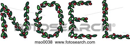 Stock Illustration - Noel spelt out with holly leaves and berries. Fotosearch