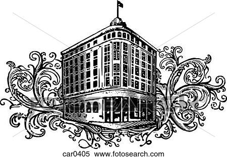 Old building with flag on floral background shapes View Large Illustration Stock Illustration - Old building with flag on floral background shapes. Fotosearch