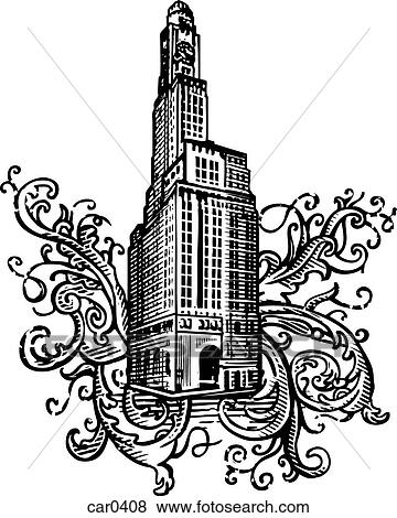 Stock Illustration - Old high-rise bank building on floral background shapes. Fotosearch