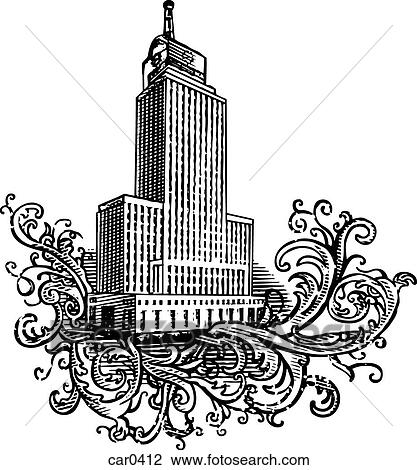 Drawing - Old high-rise building on floral background shapes. Fotosearch