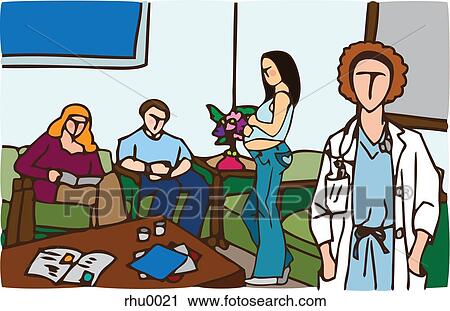Clip Art - Patients and a doctor in a medical waiting room. Fotosearch