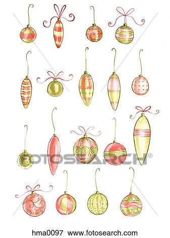 Stock Illustration - Rows of hanging Christmas bauble ornaments on white background. Fotosearch