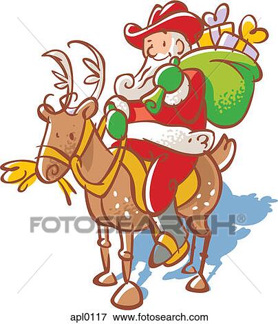 Santa Claus in a cowboy hat with a sack of toys riding a reindeer View Large Illustration Stock Illustration - Santa Claus in a cowboy hat with a sack of toys riding a reindeer. Fotosearch
