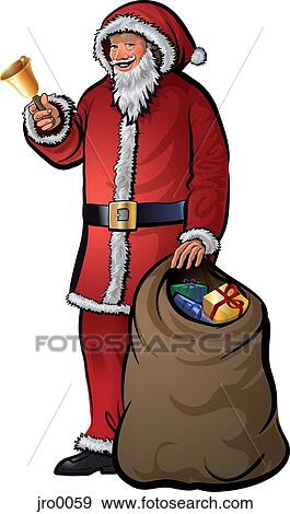 Stock Illustration - Santa Claus ringing a bell and holding a sack of presents. Fotosearch