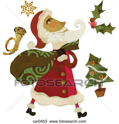 Santa Claus with a sack surrounded by a trumpet, holly, a Christmas tree and a star View Large Illustration Drawing - Santa Claus with a sack surrounded by a trumpet, holly, a Christmas tree and a star. Fotosearch