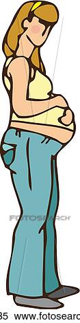 Stock Illustration - Side view of a young pregnant woman with both hands on her belly. Fotosearch