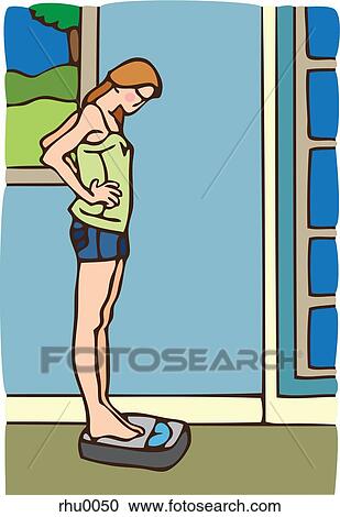 Clipart - Side view of a young woman standing on a weighing scale. Fotosearch