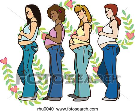 Clipart - Side view of four pregnant woman holding their bellies, with leaves and hearts in the background. Fotosearch