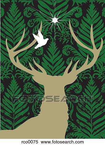 Silhouette of a deer, a dove and a star against a decorative background View Large Illustration Stock Illustration - Silhouette of a deer, a dove and a star against a decorative background. Fotosearch
