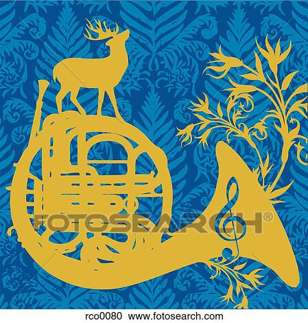 Silhouette of a horn with a deer standing on it, a treble clef and flowers on an ornamental background View Large Illustration Clipart - Silhouette of a horn with a deer standing on it, a treble clef and flowers on an ornamental background. Fotosearch
