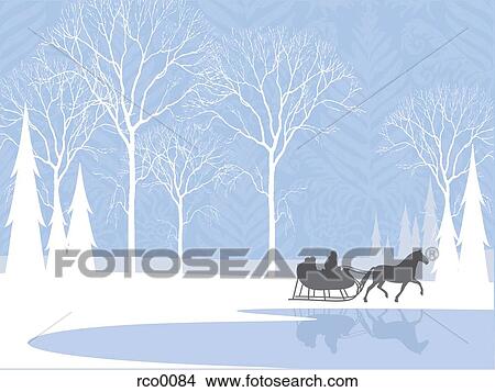 Stock Illustration - Silhouette of a horse-drawn sleigh ride by a lake in the snow. Fotosearch