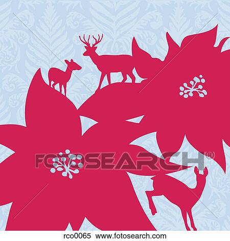 Silhouette of poinsettias and deers on a decorative background View Large Illustration Stock Illustration - Silhouette of poinsettias and deers on a decorative background. Fotosearch