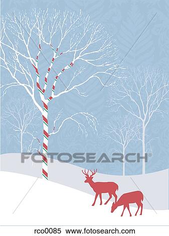Stock Illustration - Silhouette of two deer in a snowy landscape with a candy cane striped tree. Fotosearch