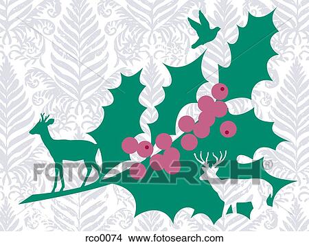 Stock Illustration - Silhouettes of deers and holly leaves and berries. Fotosearch