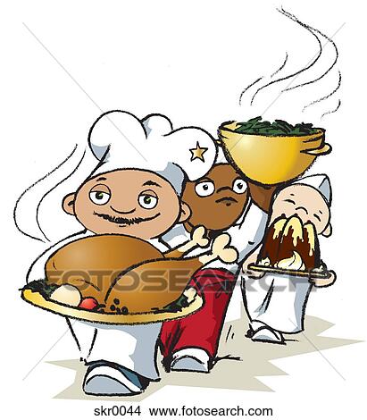 Stock Illustration - Three men carrying a turkey, salad, and pudding. Fotosearch