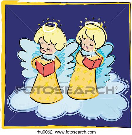 Two angels singing Christmas carols on clouds View Large Illustration Drawing - Two angels singing Christmas carols on clouds. Fotosearch
