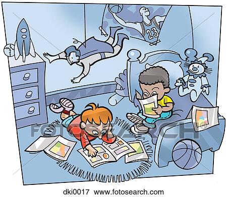 Stock Illustration - Two boys reading comic books in a bedroom. Fotosearch