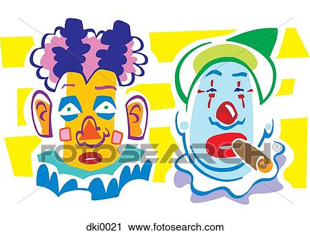 Clip Art - Two colorful clowns with painted faces, one smoking a cigar. Fotosearch