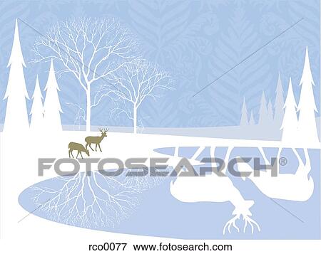 Stock Illustration - Two deer in a snowy landscape with trees and a lake. Fotosearch