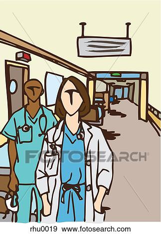 Stock Illustration - Two doctors standing in a hospital hallway. Fotosearch