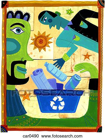 Two men discarding trash into a recycle bin View Large Illustration Clipart - Two men discarding trash into a recycle bin. Fotosearch