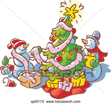 Drawing - Two snowmen decorating a Christmas tree. Fotosearch