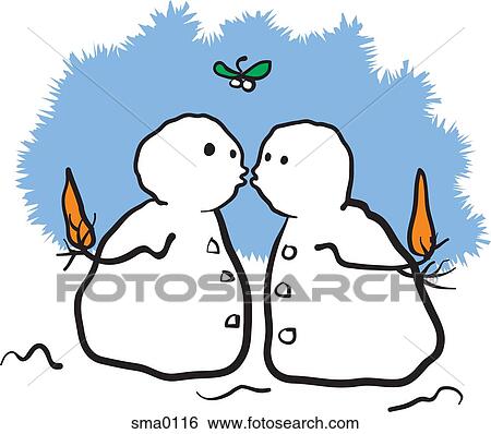 Stock Illustration - Two snowmen kissing under mistletoe and holding their noses behind their backs. Fotosearch