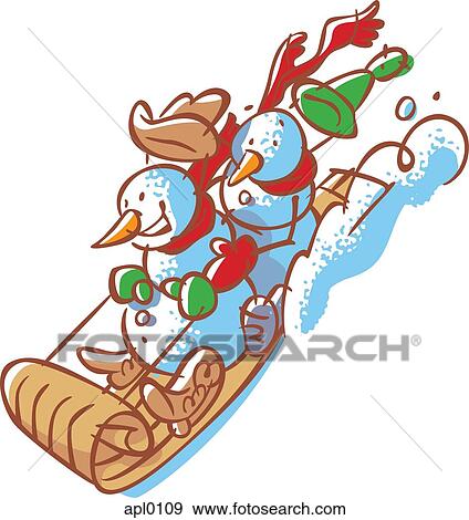 Two snowmen riding downhill on a sled View Large Illustration Stock Illustration - Two snowmen riding downhill on a sled. Fotosearch