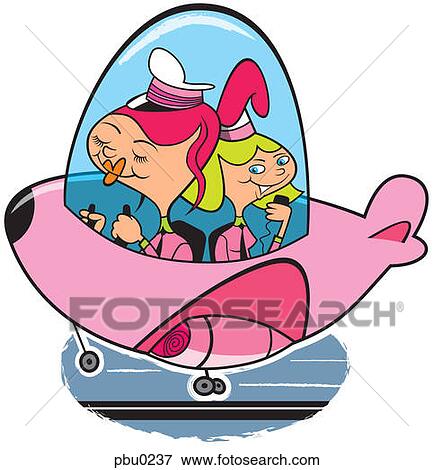 Stock Illustration - Two women in a small pink airplane. Fotosearch