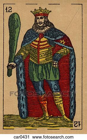 Clip Art - Vintage playing card showing a king holding a large club. Fotosearch