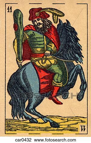Drawing - Vintage playing card showing a man holding a club and riding a horse. Fotosearch