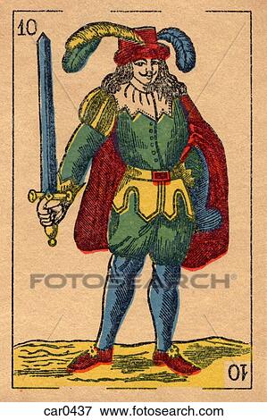 Stock Illustration - Vintage playing card showing a man with feathered hat holding a sword. Fotosearch