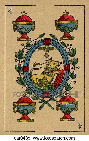 Stock Illustration - Vintage playing card showing four urns and a small lion. Fotosearch