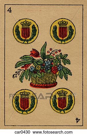 Vintage playing card with four coat of arms and flowers View Large Illustration Clipart - Vintage playing card with four coat of arms and flowers. Fotosearch