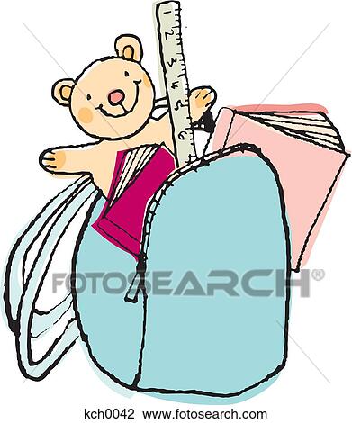A back pack filled with books, a ruler and a teddy bear View Large Illustration Drawing - A back pack filled with books, a ruler and a teddy bear. Fotosearch