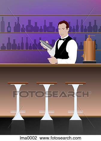 A bartender mixing a drink at a bar View Large Illustration Drawing - A bartender mixing a drink at a bar. Fotosearch