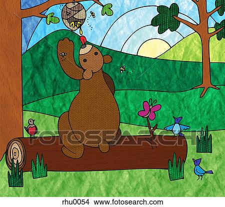 Stock Illustration - A bear eating honey and being stung by bees and birds watch. Fotosearch