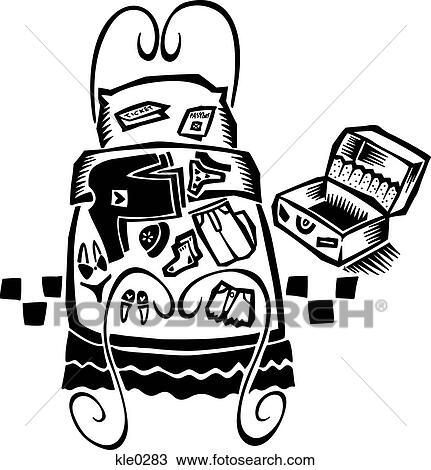 Drawing - A bed with clothes on top and an empty suit case. Fotosearch