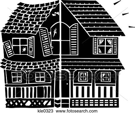 Drawing - A before and after of an old house being renovated. Fotosearch