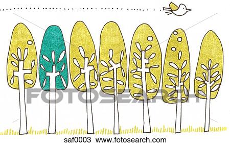 A bird flying over a row of trees View Large Illustration Drawing - A bird flying over a row of trees. Fotosearch
