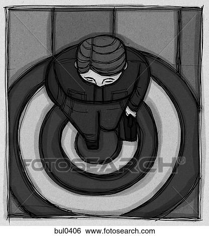 A birds eye view of a businessman with a suitcase on a bulls eye target View Large Illustration Stock Illustration - A birds eye view of a businessman with a suitcase on a bulls eye target. Fotosearch